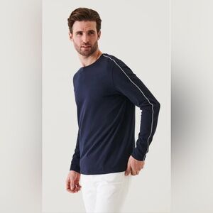 Patrick Assaraf Pima Cotton Stretch Piped Long Sleeve T-Shirt Midnight